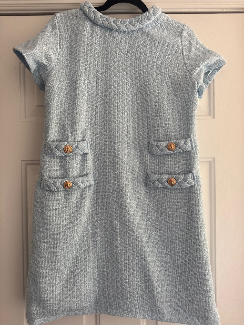 Unbranded Light Blue Tweed Jackie Shift Dress Size S Gold Button Braided Trim